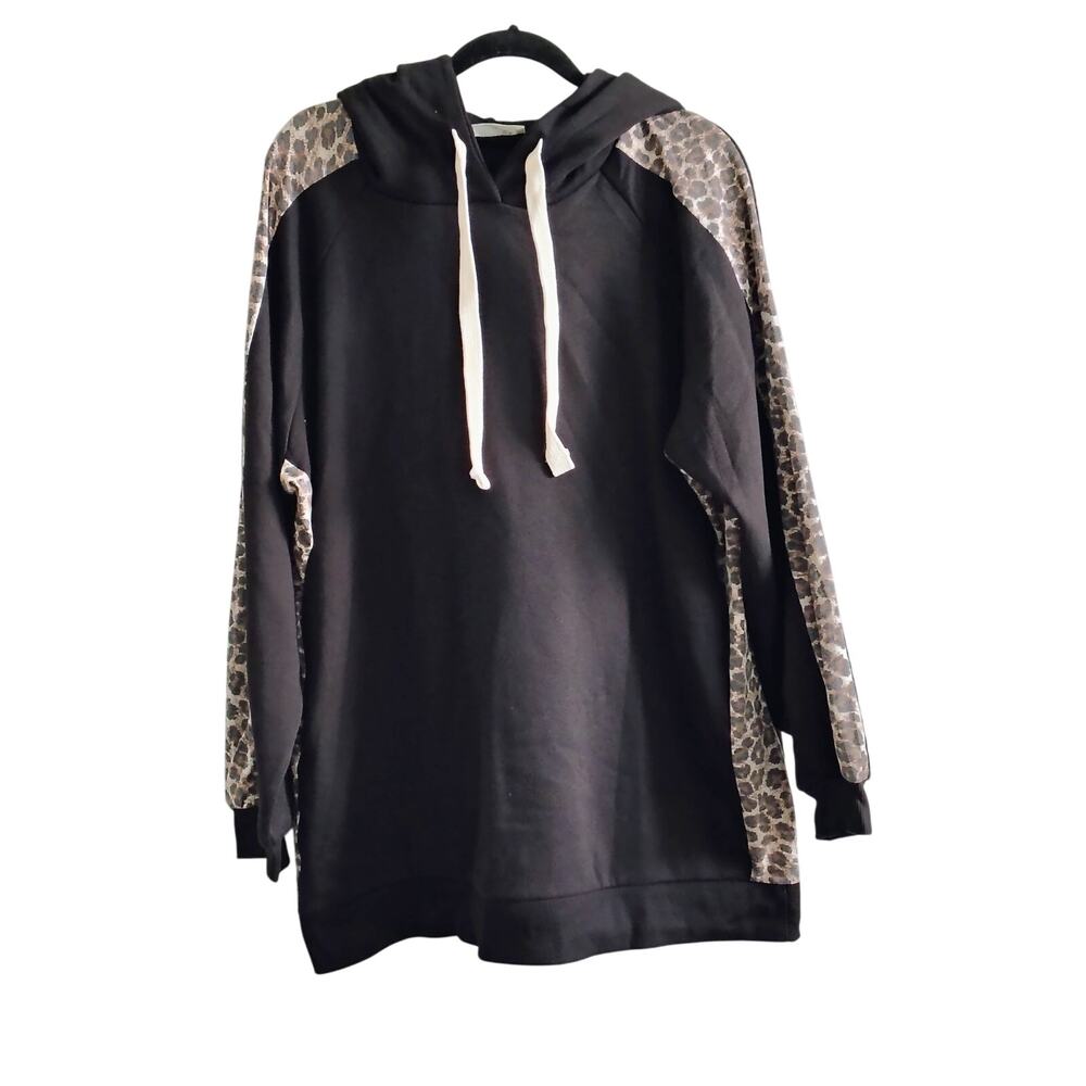 Zenana Women Plus Size 1X Black Leopard Print Hoodie Sweatshirt Pockets NEW Cozy